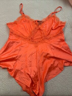 Victoria's Secret coral orange Lace Satin romper, lingerie, date, woman, lace